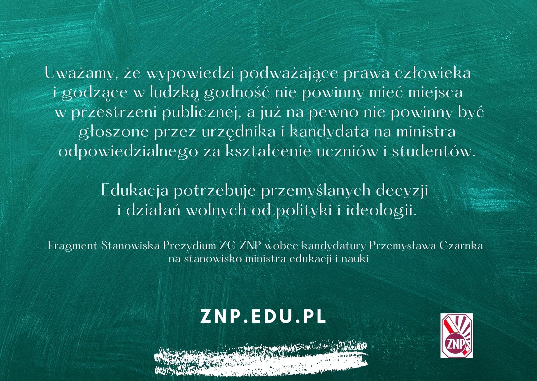 Stanowisko Prezydium ZG ZNP wobec kandydatury Przemysława Czarnka